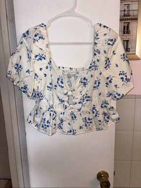 Blue Floral Tie-Front Peplum Blouse - Cream/Blue